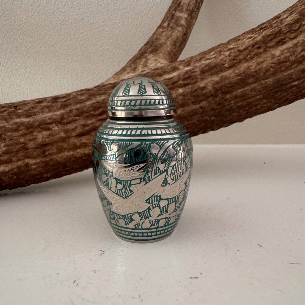 Miniature Keepsake Urn Teal Silver Engraved Flying Birds Brass Small Memorial